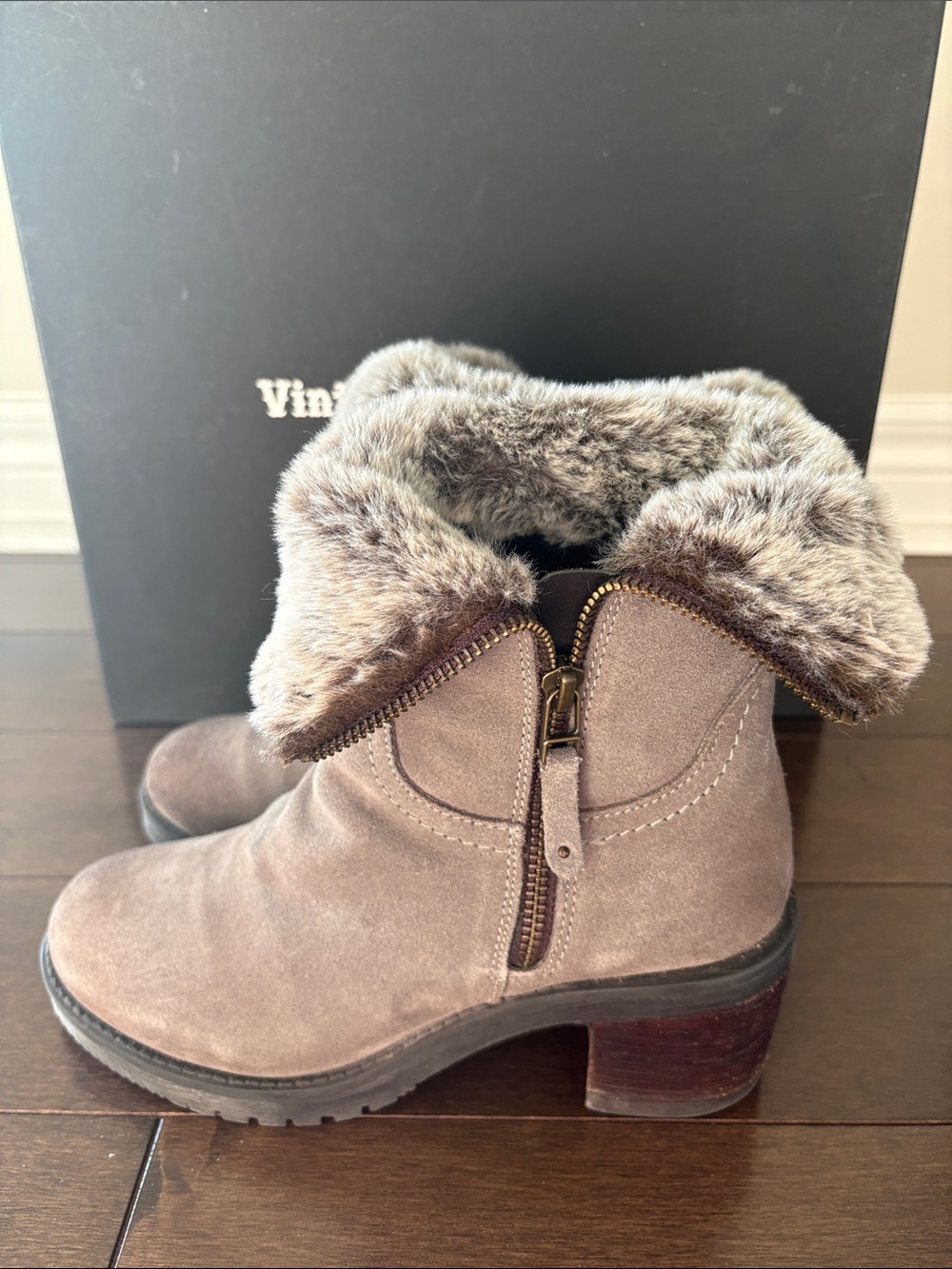 Vintage Foundry Taupe Suede Fur-Lined Heeled Boots